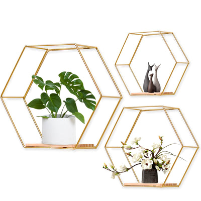 Hexagon Wandrek, metaal, set van 3, gouden decoratie, hangrek, loft, wandrek, wandrek voor wanddecoratie in woonkamer, slaapkamer, badkamer, café en hotel