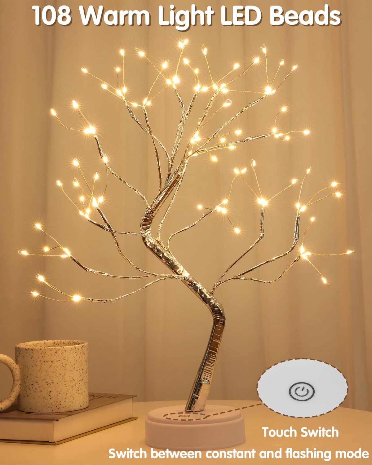 Xaosin LED-boom kerstdecoratie 108 LED licht boom binnen USB/batterij aangedreven LED boom decoratie licht takjes boom kerst bonsai boom lamp voor decoratie woonkamer warm licht