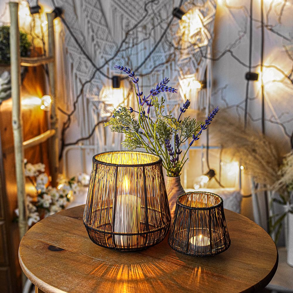 ZEYA Windlicht zwart goud metaal set van 2, 15 + 9 cm hoog, boho-windlicht, trendy theelichthouder, draad, moderne lantaarn, tafeldecoratie, kandelaar, decoratie woonkamer