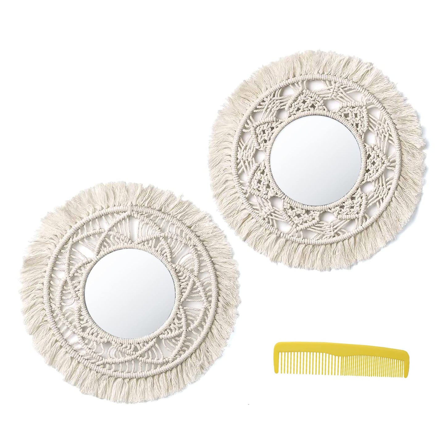 Set van 2 hangende wandspiegels met macramé fringen, boho-spiegel, rond geweven wandbehang, decoratie, decoratieve spiegel, wanddecoratie voor woning, thuis, kinderkamer, slaapkamer, woonkamer,