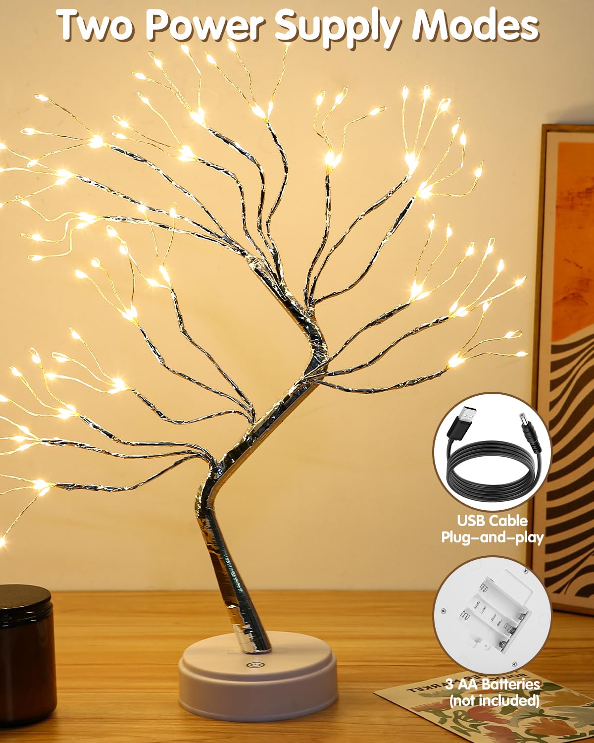 Xaosin LED-boom kerstdecoratie 108 LED licht boom binnen USB/batterij aangedreven LED boom decoratie licht takjes boom kerst bonsai boom lamp voor decoratie woonkamer warm licht