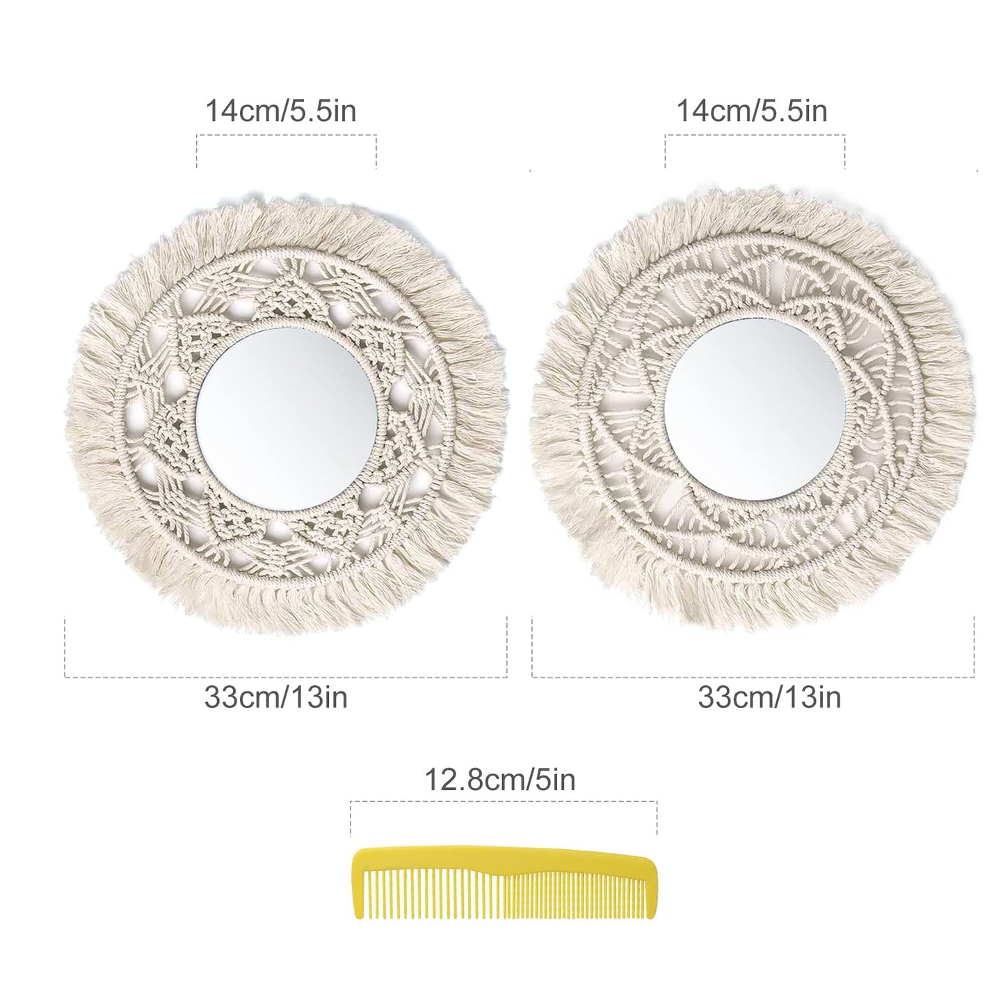 Set van 2 hangende wandspiegels met macramé fringen, boho-spiegel, rond geweven wandbehang, decoratie, decoratieve spiegel, wanddecoratie voor woning, thuis, kinderkamer, slaapkamer, woonkamer,